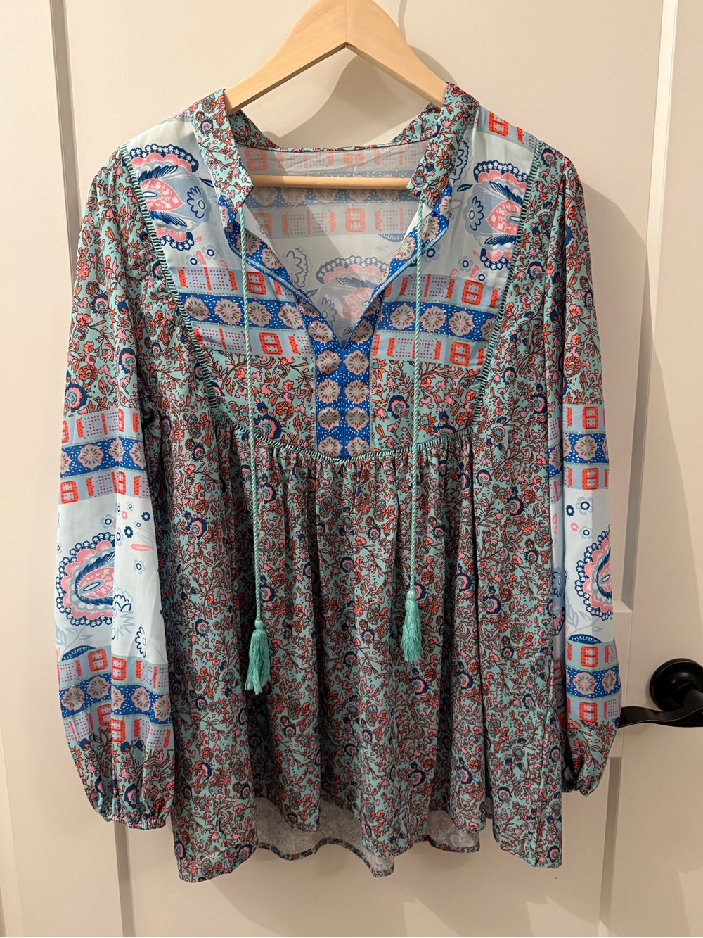 Boho Tassel Peasant Top in Light Blue